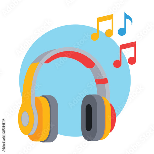 Headphones with colorful music notes on blue background listening to music