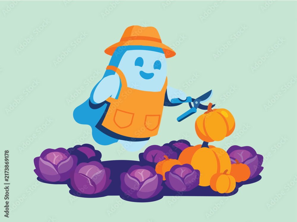 Fototapeta premium Happy Gardener Harvesting Pumpkins Vector Illustration
