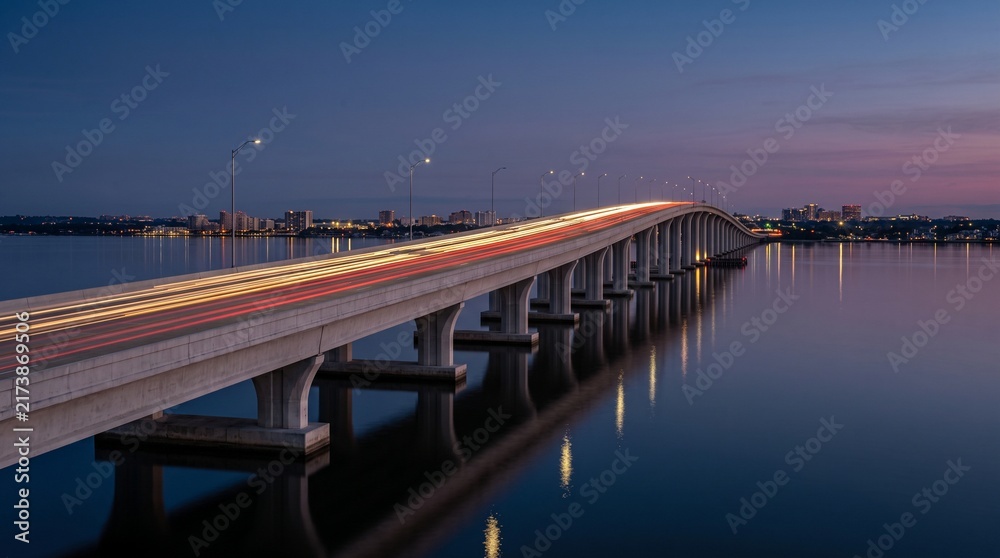 Fototapeta premium Long exposure traffic light trails on modern concrete bridge over water at dusk