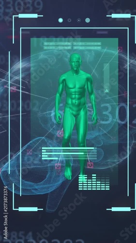 Animation of data processing over digital human and brain model on black background