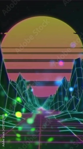 Animation of pink and yellow sun over grid landscape and glowing lights on black background