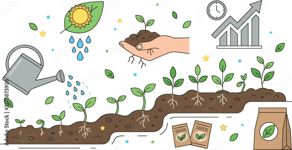 Naklejka premium Plant Growth Stages and Organic Farming Vector Concept with Watering Can, Sprout, and Investment Growth Chart