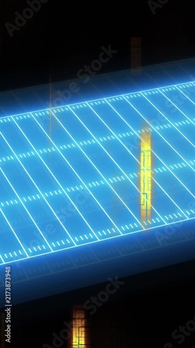 Animation of neon stadium over light trails on black background
