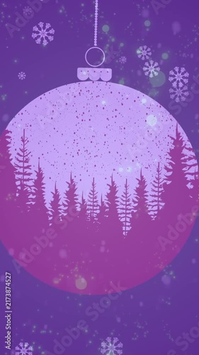 Aniamtion of snow falling over fir trees in christmas baubles