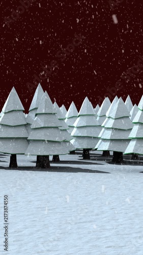 Animation of snow falling over winter night landscape with fir trees