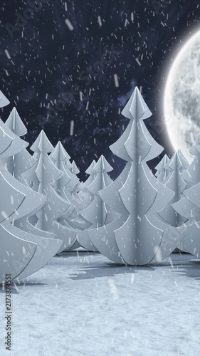 Animation of snow falling over winter night landscape with fir trees