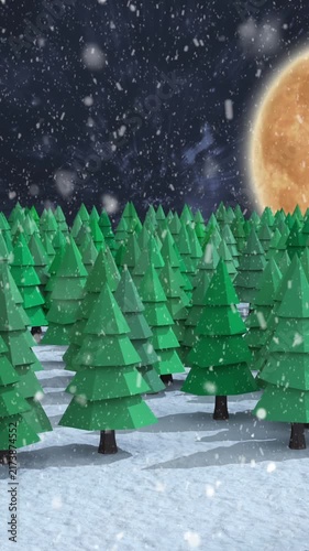 Animation of snow falling over winter night landscape with fir trees