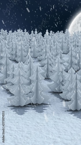 Animation of snow falling over winter night landscape with fir trees