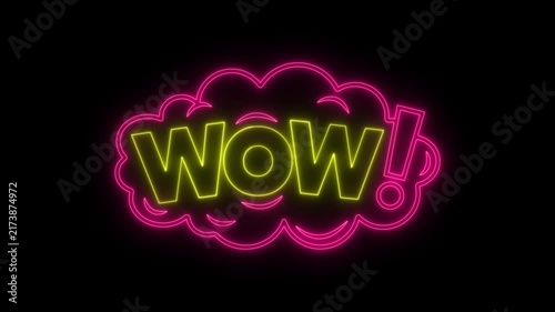Wow text neon light sign glowing in speech cloud on black background.