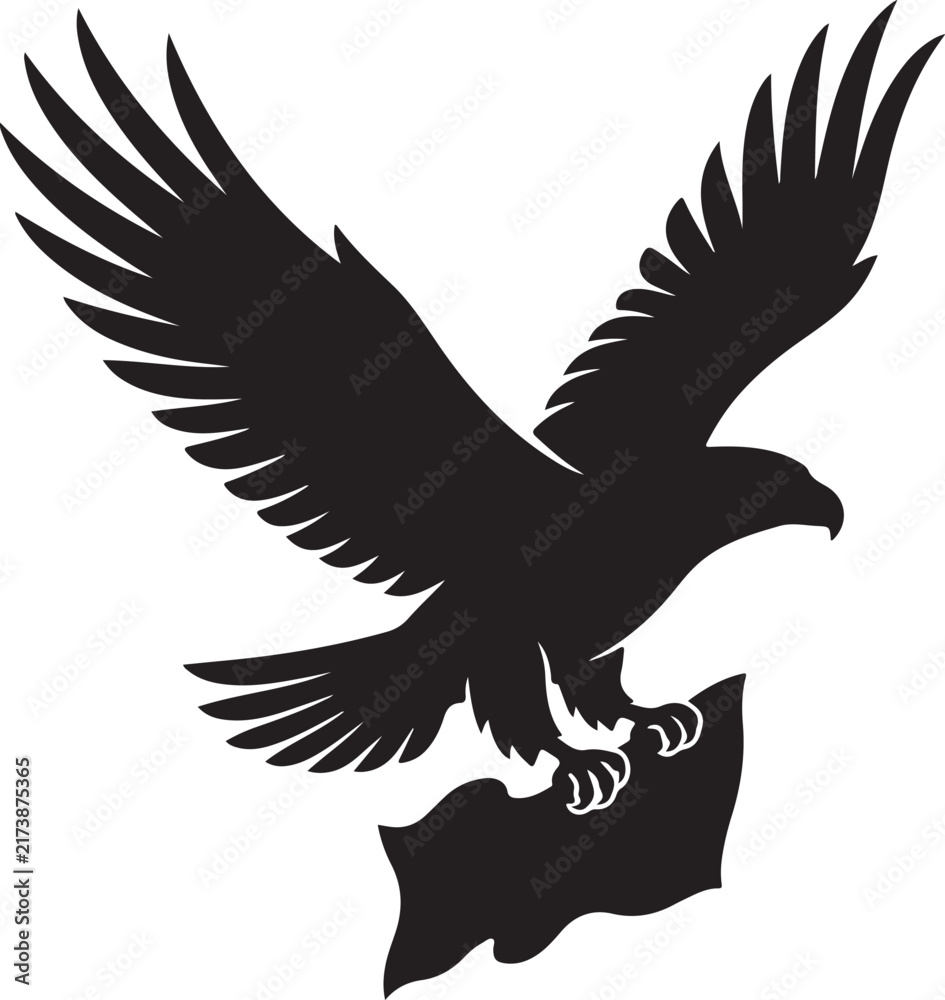 Obraz premium Majestic eagle silhouette with spreading wings, powerful hawk vector icon, patriotic bird of prey emblem for logo design