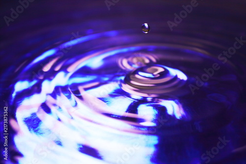 Water Drops Falling on Purple Blue Liquid Surface with Concentric Wave Ripples Close Up