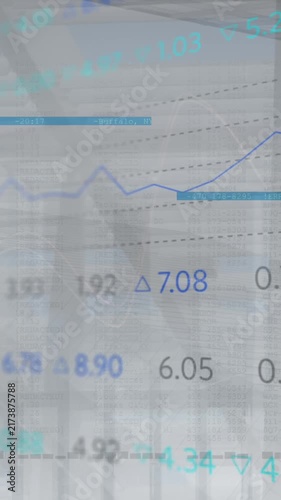 Animation of statistical and stock market data processing against grey background