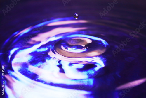 Water Drops Falling on Purple Blue Liquid Surface with Concentric Wave Ripples Close Up