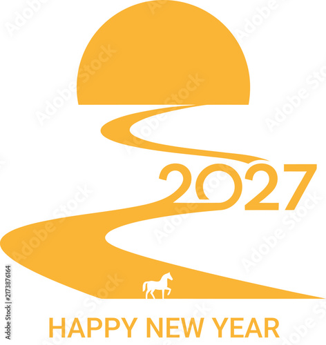 Minimalist graphic design featuring a winding road leading towards a bright sun with the year 2027 for celebrations