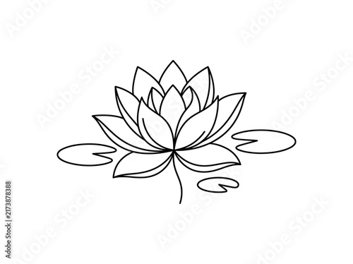 Black and white line art of lotus flower and leaf on white background