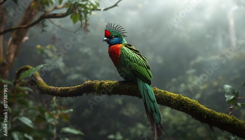 Colorful resplendent quetzal perched on a moss covered tree branch in a lush tropical forest, displaying vibrant green, blue, and red plumage with a long elegant tail.