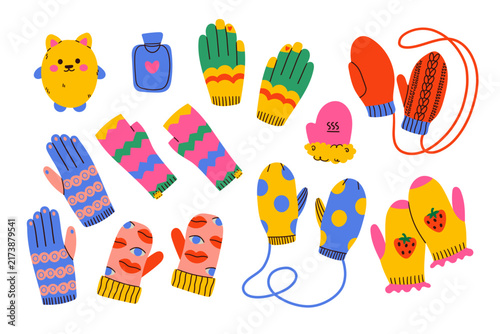 Charming hand drawn flat style illustration of colorful winter gloves. Vibrant, cozy set perfect for seasonal graphic design, holiday cards, and festive patterns.