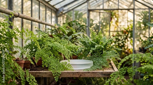 Sunlit Glass Greenhouse Interior with Tropical Potted Plants and Greenery
