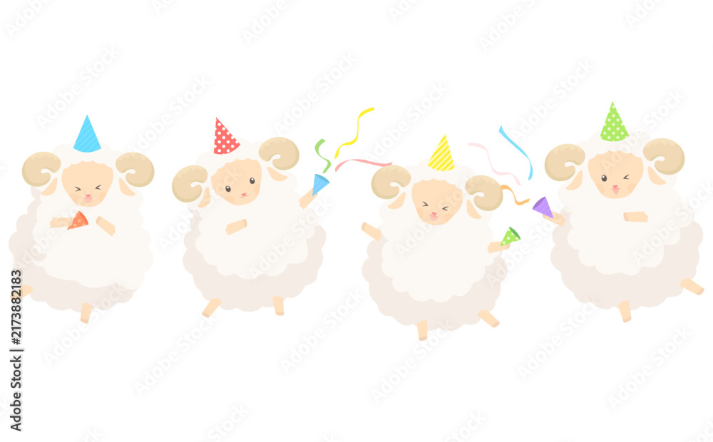 Fototapeta premium お祝いしてパーティーを楽しむ羊たちのイラスト2