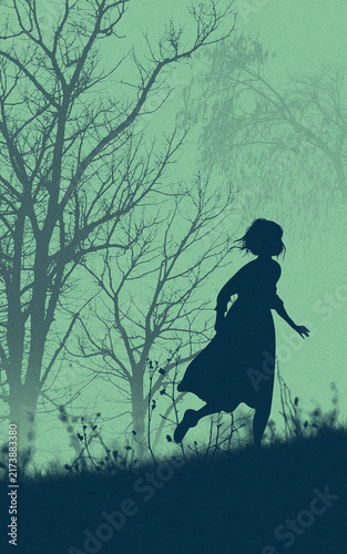 Backlit silhouette of a girl running through nature, trees in the background, two-tone, thriller. Running away from someone. Scared, fear