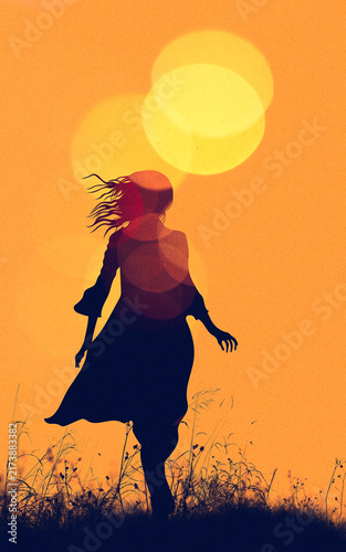 Backlit silhouette of a girl running through nature, trees in the background, two-tone, thriller. Running away from someone. Scared, fear