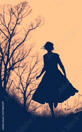Backlit silhouette of a girl running through nature, trees in the background, two-tone, thriller. Running away from someone. Scared, fear