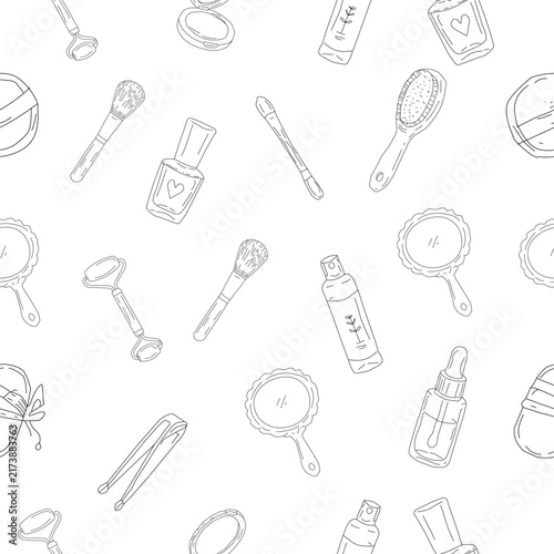 Makeup Tools Seamless Pattern Collection. Hand Drawn Beauty Brushes, Mirrors and Cosmetic Accessories