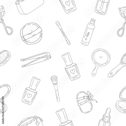 Makeup Tools Seamless Pattern Collection. Hand Drawn Beauty Brushes, Mirrors and Cosmetic Accessories