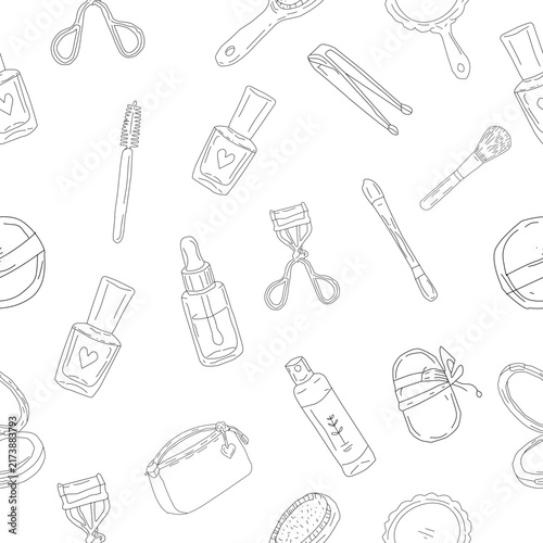 Makeup Tools Seamless Pattern Collection. Hand Drawn Beauty Brushes, Mirrors and Cosmetic Accessories