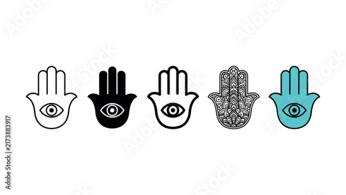 Set of five flat hamsa hand icons with spiritual eye symbols and intricate patterns on a clean white background