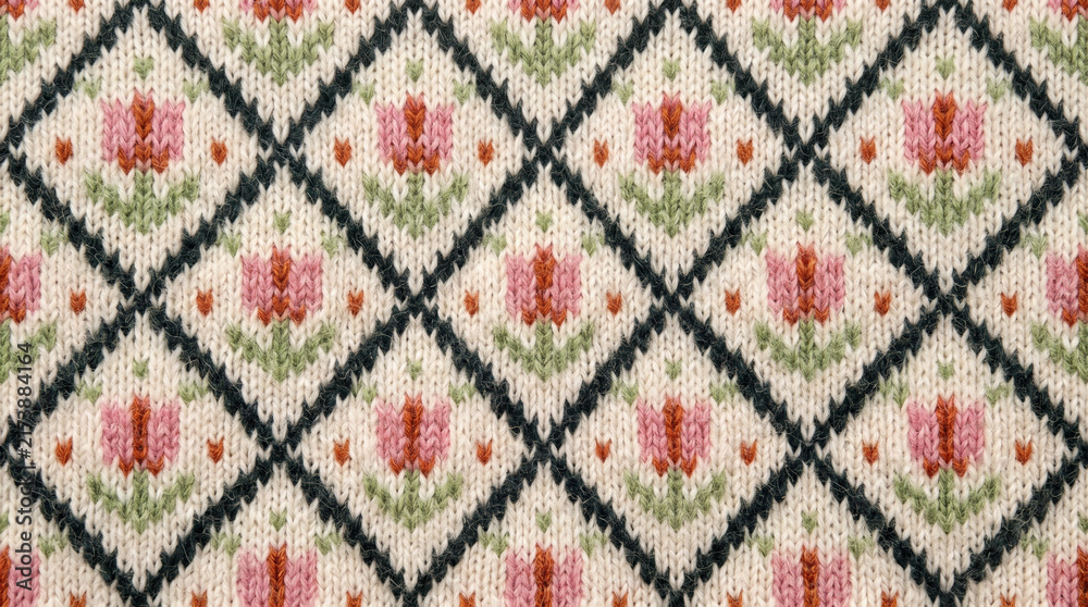 Fototapeta premium Diamond knit pattern with pink tulips and green leaves on cream background