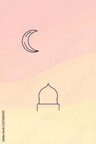 Minimalist line art illustration of a crescent moon above a mosque dome against a gradient background