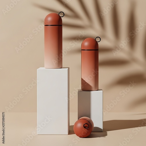 Modern minimalist design still life featuring terracotta gradient travel flasks and a decorative sphere on a soft beige background