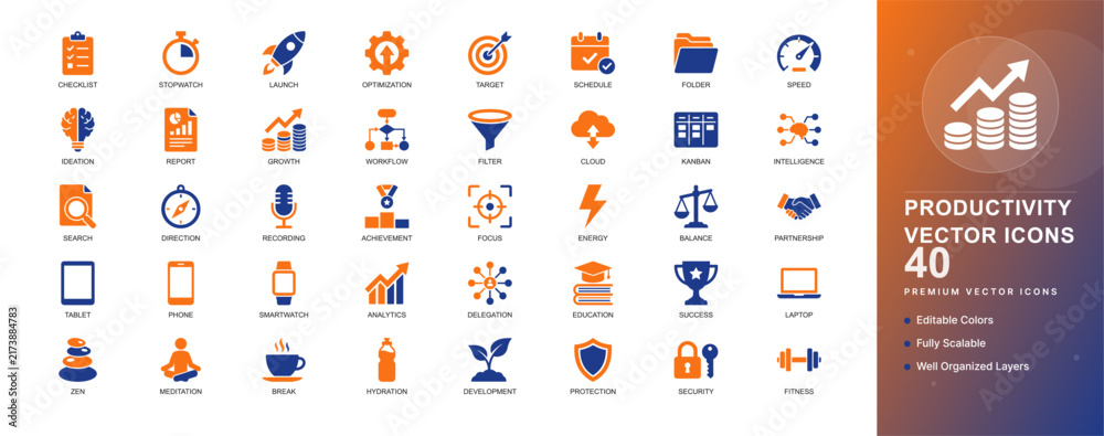 Naklejka premium Productivity vector icon set. Featuring task goal setting, checklist efficiency, planning performance, and time management. Editable vector glyphs for productivity applications and planning.