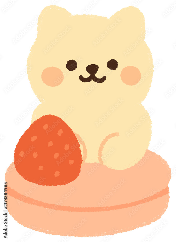 Fototapeta premium Cute White Cat Sitting on Strawberry Macaron Flat Vector Illustration