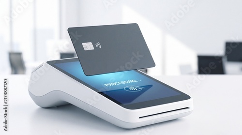 Contactless payment card being utilized on a modern point-of-sale terminal in a bright retail environment