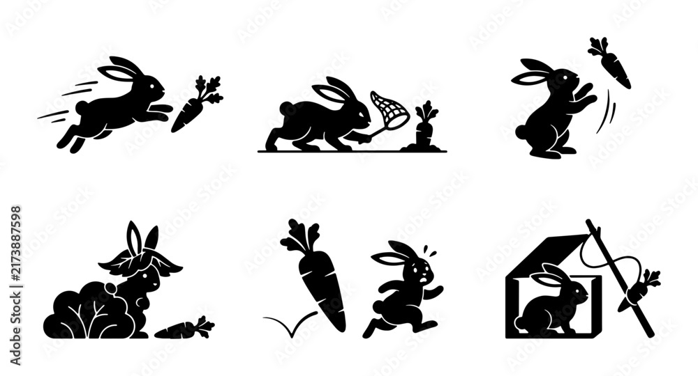 Fototapeta premium Vector Rabbit Icons: Playful Bunny Actions, Carrot Chase, Catching & Trapped Scenes, Black Silhouette Graphics for Easter, Spring, and Animal Themes