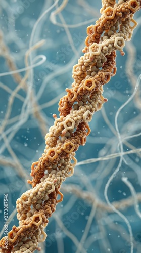 Collagen molecule triple helix of intertwined polypeptide chains in amber ivory tones, featuring glycine proline and hydroxyproline amino acid beads, floating inside extracellular matrix.