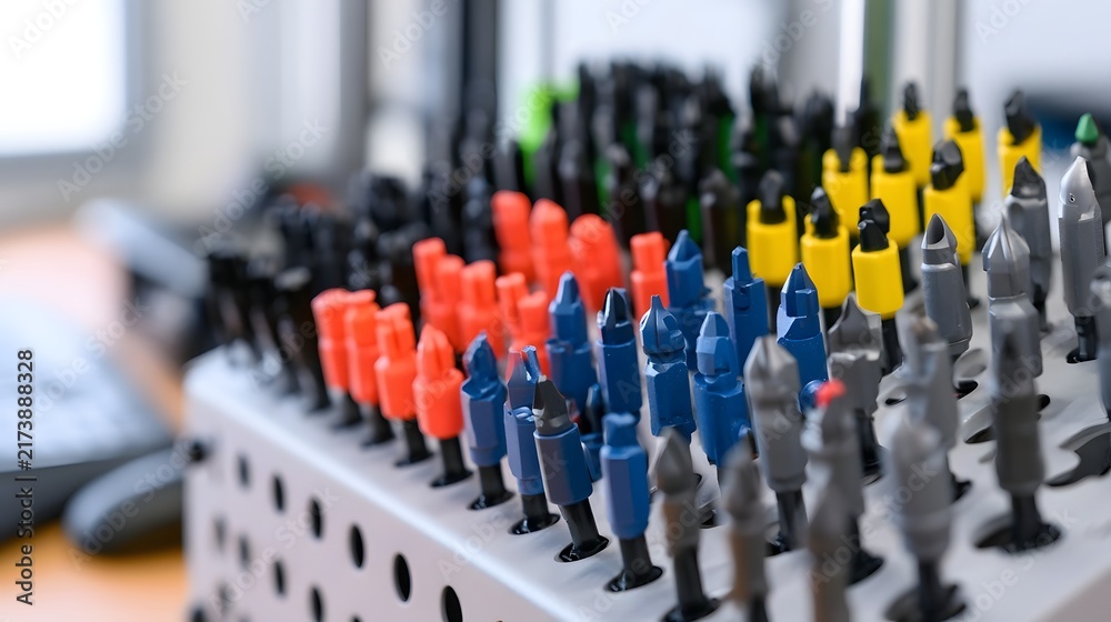 Fototapeta premium Organized storage rack holding colorful 3D printer nozzles in neat rows with shallow depth of field focus