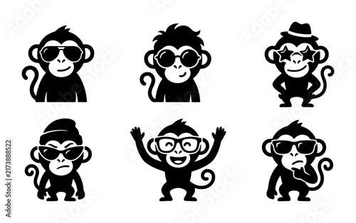 Photography Cool Monkey Icons Set, Vector Graphics Collection Featuring Playful Characters w