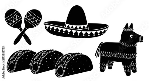 Canvas Print Mexican fiesta symbols with collection black white illustrations representing me
