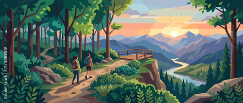 Hikers Walking Along Scenic Mountain Trail at Sunset.