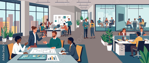 Busy modern open plan office with diverse professional team working together.