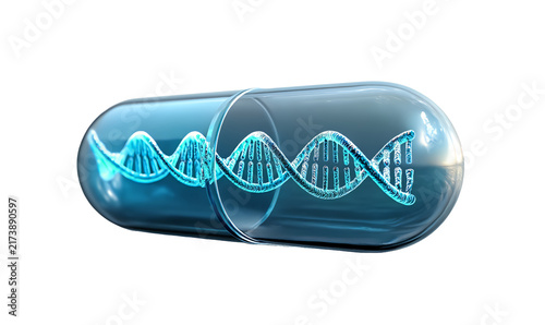 Transparent medical capsule with glowing DNA helix on alpha background