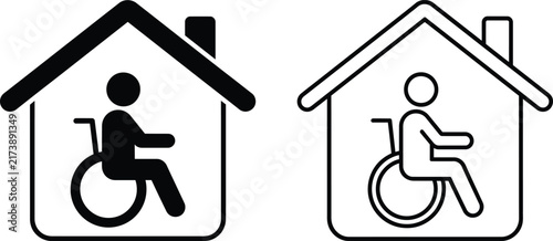Disabled accessible home icon vector illustration showing person in wheelchair inside house symbol with wheelchair user