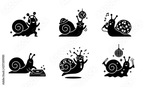 Party Snail Vector Icons Set, Fun Disco Dancing Mollusk Graphics, Celebration Animal Silhouettes, Music Nightlife Characters