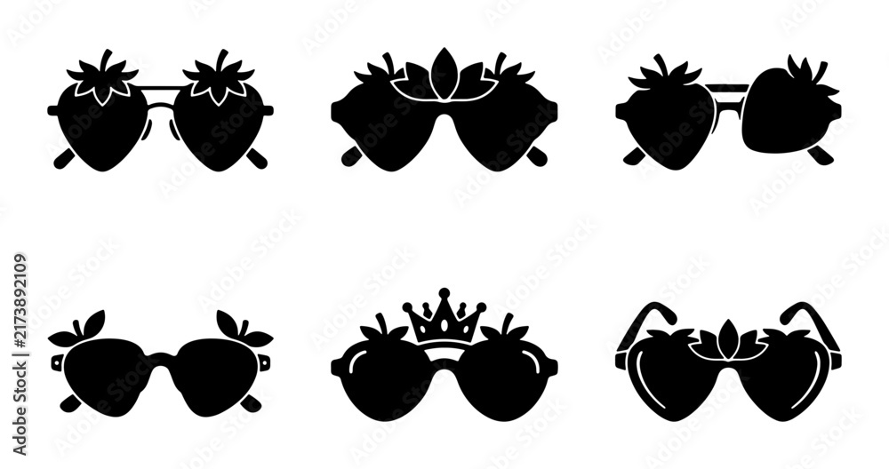Obraz premium Strawberry Sunglasses Vector Icons Set, Summer Fashion Accessories, Fruit Shaped Eyewear Collection, Cute Summer Style Graphics