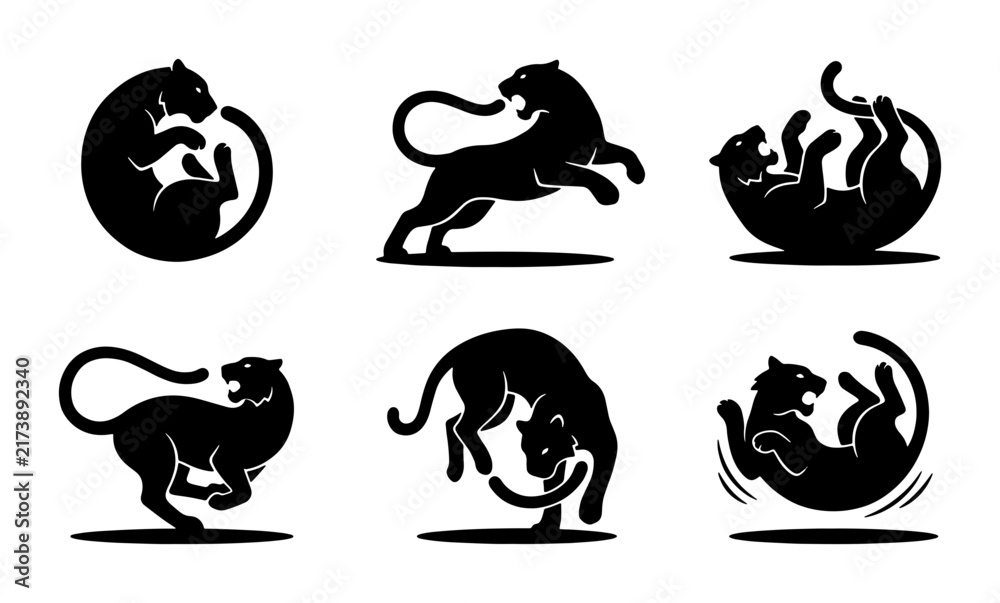 Obraz premium Black Panther Vector Icons Set: Dynamic Poses, Silhouette Graphics, Wild Animal Collection for Branding and Design