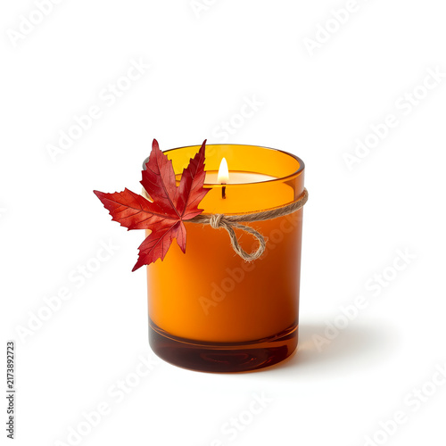 Amber Candle Jar with Dried Maple Leaf Autumn Decoration