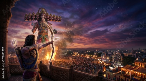 Dussehra celebration visualizing archer aiming glowing arrow toward burning demon effigy, Vijayadashami festival victory over evil, Hindu religious event above crowded fairground at twilight.